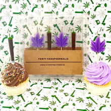Load image into Gallery viewer, 420 Novelty Blunt and Purple Cannabis Leaf Cake Candles